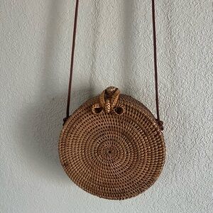 Brown Woven Round Crossbody Bag